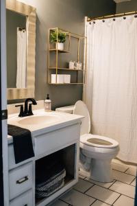 a bathroom with a sink and a toilet at Moody Blues Studio Perfect For Work Or Romance in Memphis +23 photos