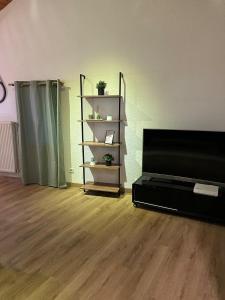 a living room with a flat screen tv and a wooden floor at F3 refait à neuf en centre ville Liberation in Clermont-Ferrand