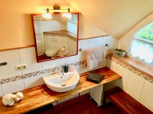 a bathroom with a sink and a mirror at Straminke 4b Wohnung Dünentraum in Groß Kirr +12 photos