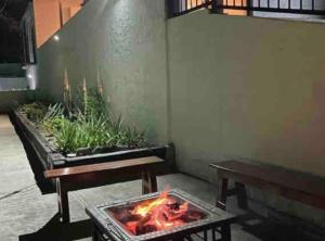un patio con 2 bancos y una hoguera en Quinta Maderoo 5, en Parras de la Fuente