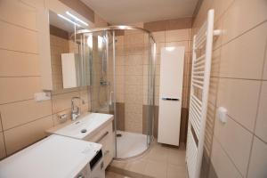 un bagno con doccia, lavandino e WC di Apartmán Radvanička a Radvanice