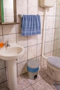 a bathroom with a sink and a toilet and a blue towel at Canto da cascata in Gramado +38 photos