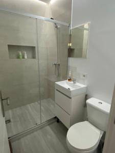 une salle de bain avec une douche, des toilettes et un lavabo dans l'établissement Family Apartment, à Arcos de la Frontera 32 autres photos