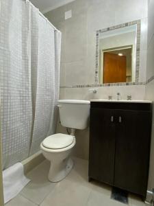 a bathroom with a toilet and a sink and a mirror at Hotel Olavarria in Olavarría +29 photos