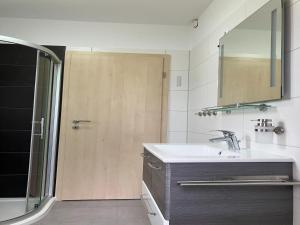 a bathroom with a sink and a wooden door at Ferienwohnung in Mirow for 4 Personen in Mirow +7 photos
