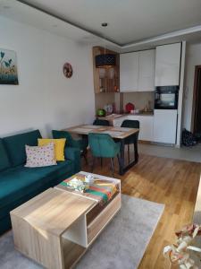 兹拉蒂博尔Ilic Prestige wellness & spa Zlatibor的带蓝色沙发的客厅和厨房 更多11张照片