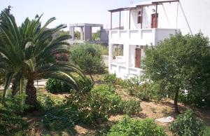 a white house in the middle of a garden at Vaso Rooms in Livadakia