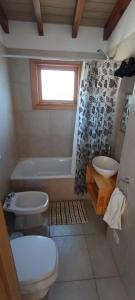 a bathroom with a toilet and a tub and a sink at Cabaña las Frutillas in San Martín de los Andes