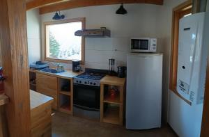 a small kitchen with a refrigerator and a microwave at Cabaña las Frutillas in San Martín de los Andes