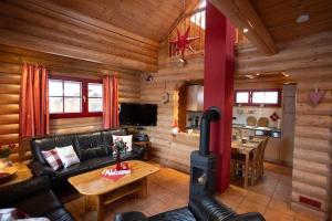 a living room with a couch and a fireplace in a log cabin at HyggeZeit-im-Holzblockhaus-in-Wernigerode in Wernigerode