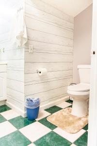 a bathroom with a toilet and a green and white checkered floor at Kamau Farms Cottages in Dawsonville +38 photos
