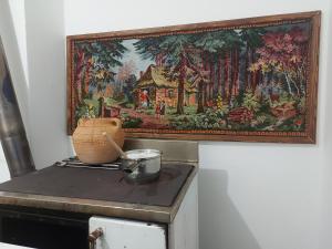 a tapestry hanging on a wall next to a stove at Smeštaj Gokčanica in Gokčanica