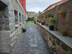a stone alley with potted plants on the walls at Casa rural El Atardecer in Villacastín