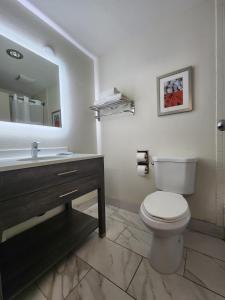 ツーソンにあるLas palmas Hotel Tucsonのバスルーム(トイレ、洗面台、鏡付)