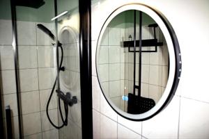 a mirror in a bathroom with a black suitcase at Lüner Apartment in Lüneburg +7 photos