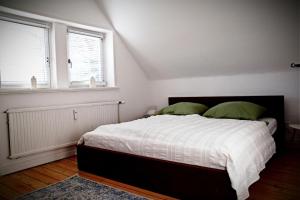 a bedroom with a bed with white sheets and green pillows at Lüner Apartment in Lüneburg