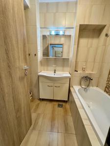 ein Badezimmer mit Waschbecken und Badewanne in der Unterkunft Central Modern Apartment in Oradea + 26 Fotos