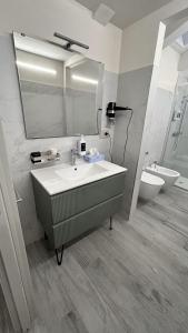 a bathroom with a sink and a mirror and a toilet at Baratà Apartments 4 in Savigliano