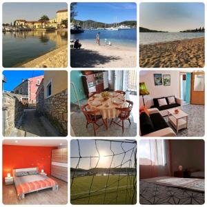 un collage de photos avec une plage et des bâtiments dans l'établissement Kuća za odmor Marina, à Sutomišćica