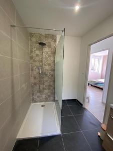 a bathroom with a shower with a glass door at La grange d'Abel in Boissières