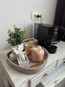 un tavolo con un vassoio con gli articoli sopra di Mother Teresa Apartment a Skopje