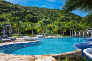 einen Pool mit Palmen und Bergen im Hintergrund in der Unterkunft Peter Island Resort in Anderson