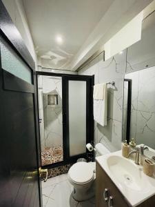 Un baño con inodoro, lavabo y ducha. en Casa habitaciones borde del lago, en Panajachel