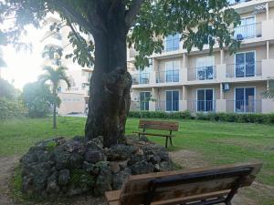 a tree and a bench in front of a building at Idanna Staycation in Lapu Lapu City