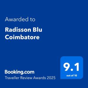 Certifikát, hodnocení, plakát nebo jiný dokument vystavený v ubytování Radisson Blu Coimbatore