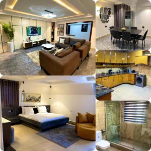 a collage of pictures of a living room and a dining room at LON Apartments by ijeLINK in Dakibiu