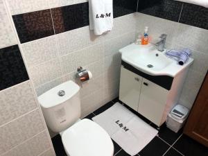 ein kleines Badezimmer mit Toilette und Waschbecken in der Unterkunft Luxury Monastery Apart & Hotel in Trabzon