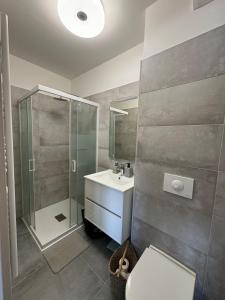 une salle de bain avec une douche, des toilettes et un lavabo dans l'établissement T2 duplex en RDC, à Bastelicaccia