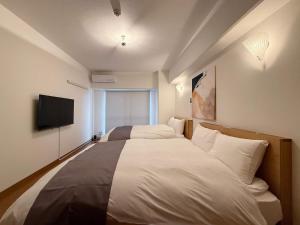 ein Schlafzimmer mit zwei Betten und einem Flachbildfernseher in der Unterkunft Grandeur by b hotel - Cozy 1BR Near Peace Park Quiet & Central Stay in Hiroshima