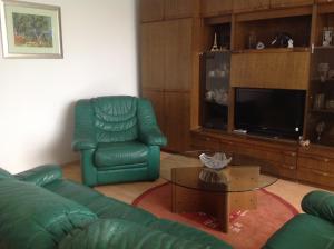 a living room with a green couch and a chair at Apartment Paris with jacuzzi and sea view in Šmrika