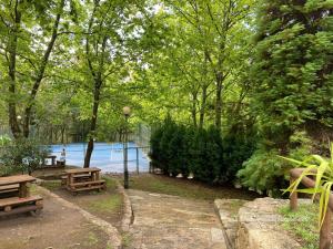 a park with benches and a body of water at Albergue O Beque in Moaña