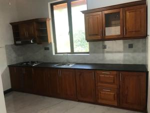 a kitchen with wooden cabinets and a sink and a window at Two Bedroom Apartment in Kiribathgoda