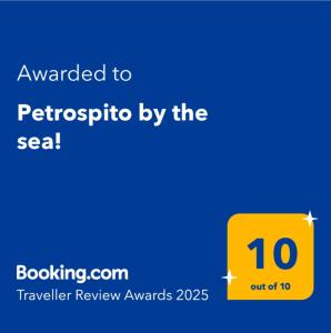 Certifikát, hodnocení, plakát nebo jiný dokument vystavený v ubytování Petrospito by the sea!