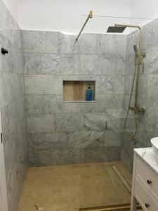 a bathroom with a shower with a stone wall at Central studio flat Cluj Napoca in Cluj-Napoca +29 photos