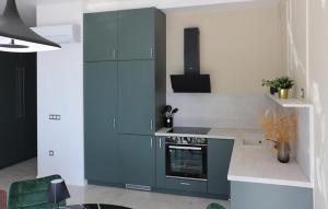 a kitchen with blue cabinets and a stove top oven at Gorgeous Apartment In Ugljan With Wifi in Ugljan