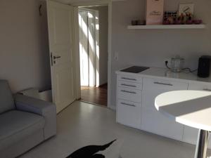 a black cat laying on the floor in a kitchen at Moderne Ferienwohnung in Strandnähe in Surendorf
