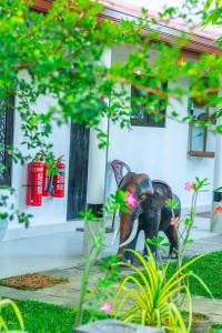 a statue of an elephant sitting in front of a building at Beddegama Villa & Resort in Suriyawewa