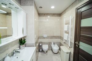 a bathroom with a sink and a toilet and a mirror at Good location apartment in Chişinău +8 photos