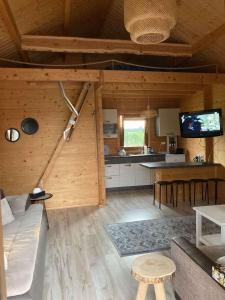 a living room of a log cabin with a television at Domki na Łące in Ostrów Pieckowski +44 photos