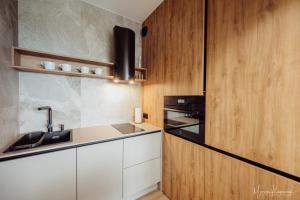 a kitchen with white cabinets and a black appliances at Luxury Szklarska Apartments in Szklarska Poręba +83 photos