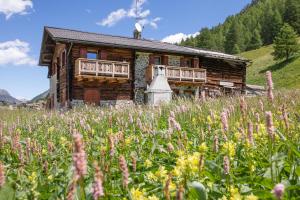 a log cabin in a field of flowers at Appartamento Pizalegn Bait da Rez in Livigno