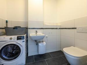 une salle de bains avec lave-linge et lavabo dans l'établissement Apartment Erkenntnis am See mit Sauna und Kamin, à Krakow am See 21 autres photos