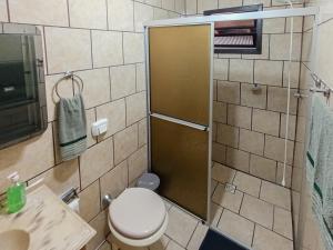 a bathroom with a shower with a toilet and a sink at Aconchego do Harry Potter in Pomerode +37 photos