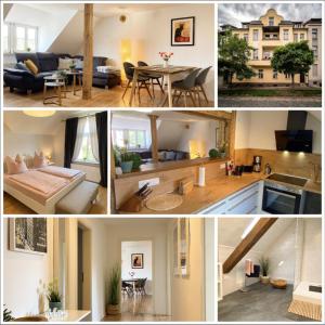 a collage of photos of a living room and a house at Gröpernblick - Zentrumsnahe FeWo I 2 Schlafzimmer I 100 qm I Parkplätze in der Umgebung in Quedlinburg