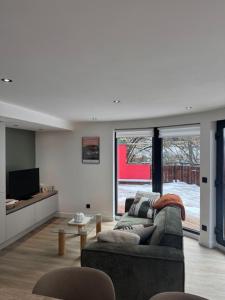 ein Wohnzimmer mit Sofa und Fernseher in der Unterkunft Nouveau T3 RDC 100m du parc in Brides-les-Bains