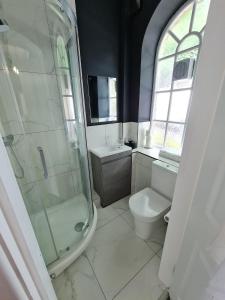 ein Badezimmer mit Dusche, Toilette und Waschbecken in der Unterkunft The Porthole in Holmfirth + 19 Fotos